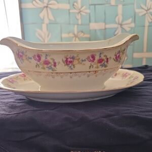 Charming Floral Gravy Boat with Saucer